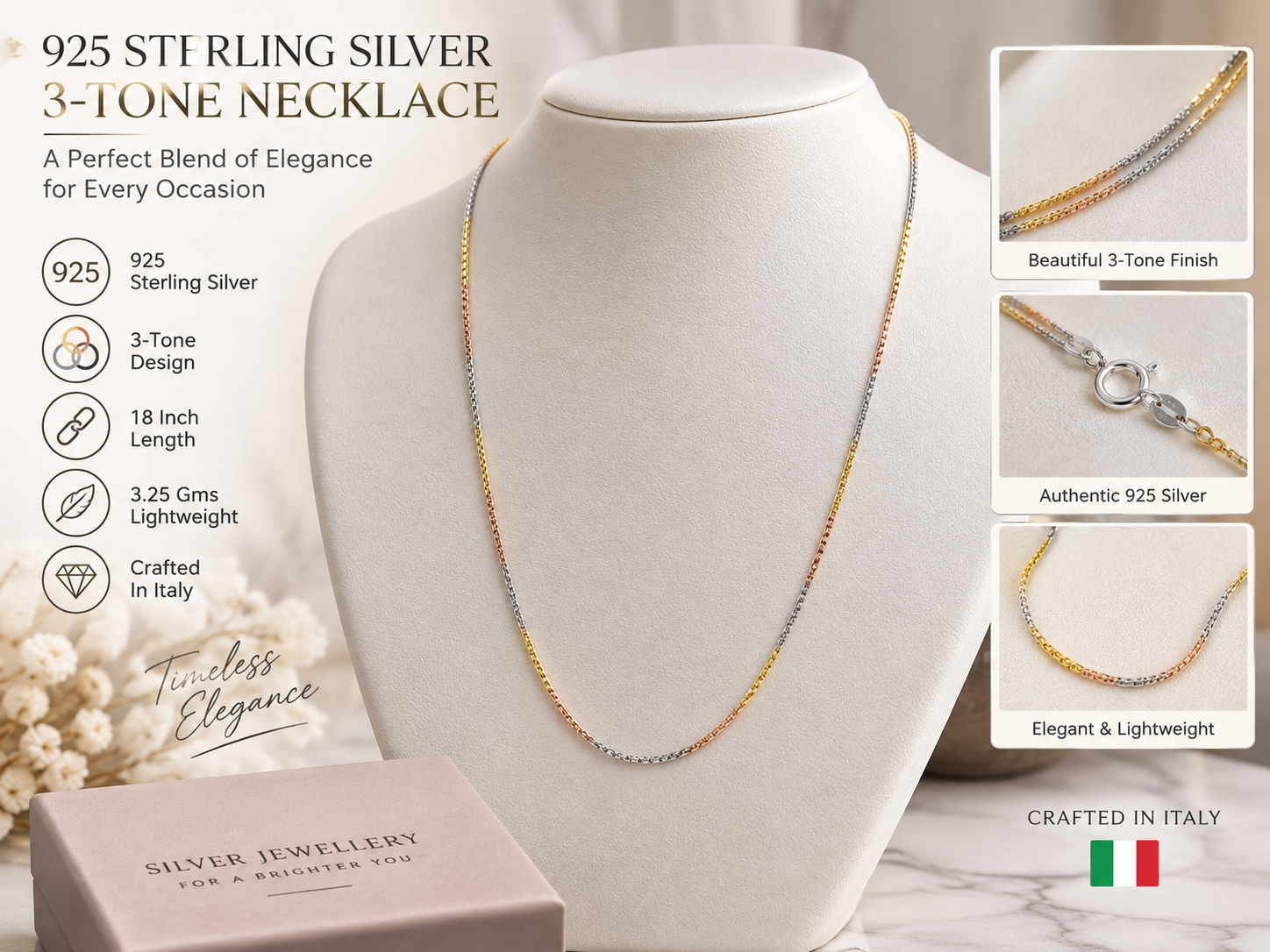 925 Sterling Silver 3-Tone Necklace – 18 Inch 067-033