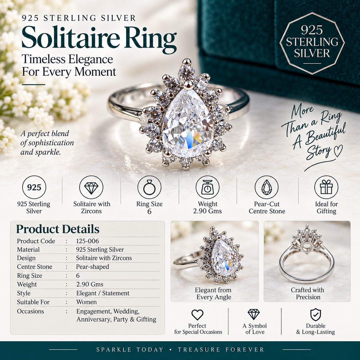925 Sterling Silver Pear-Cut Solitaire Ring with Zircons
