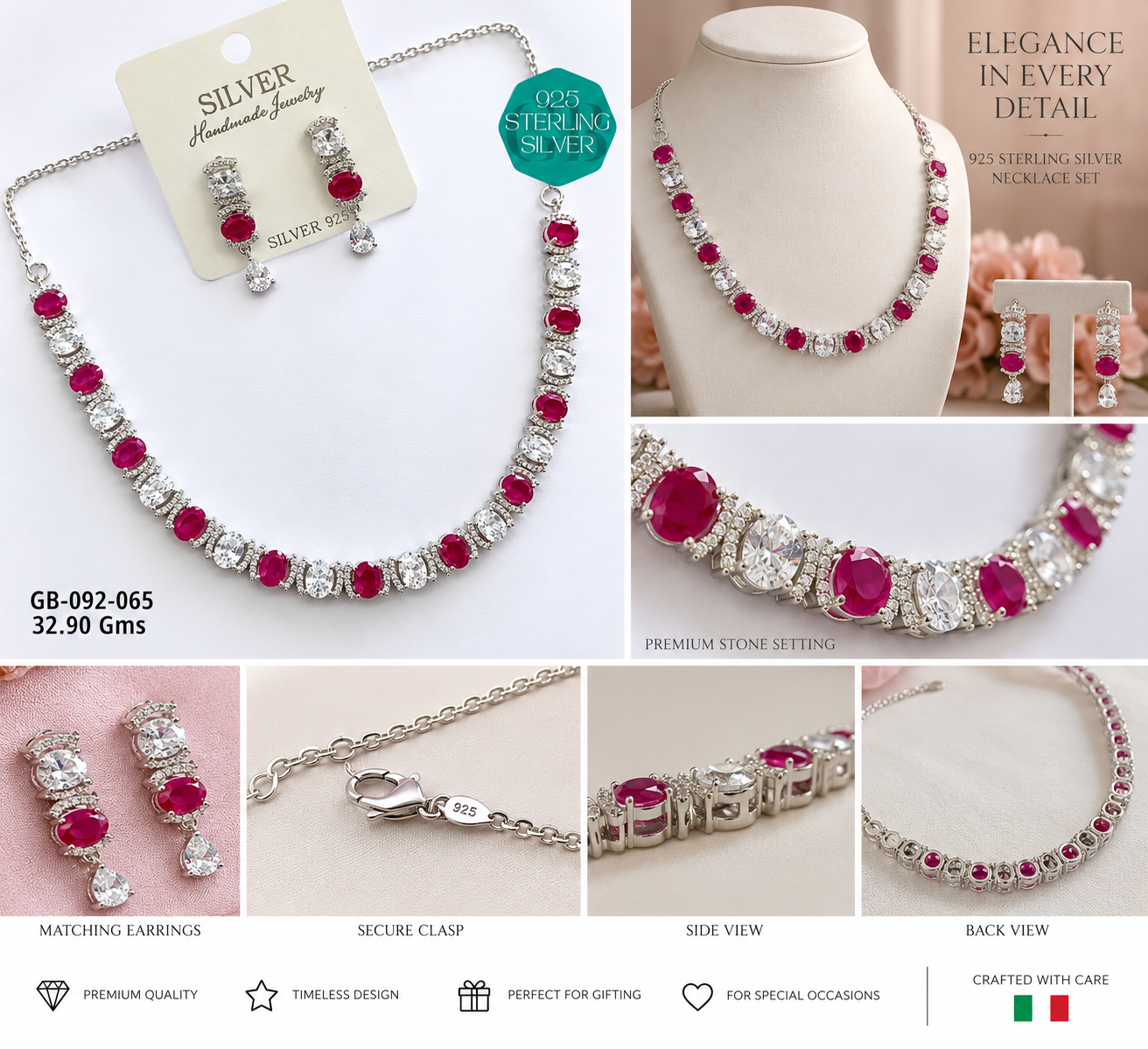 925 Sterling Silver Red & White Stone Necklace Set – GB-092-065 - Image 2