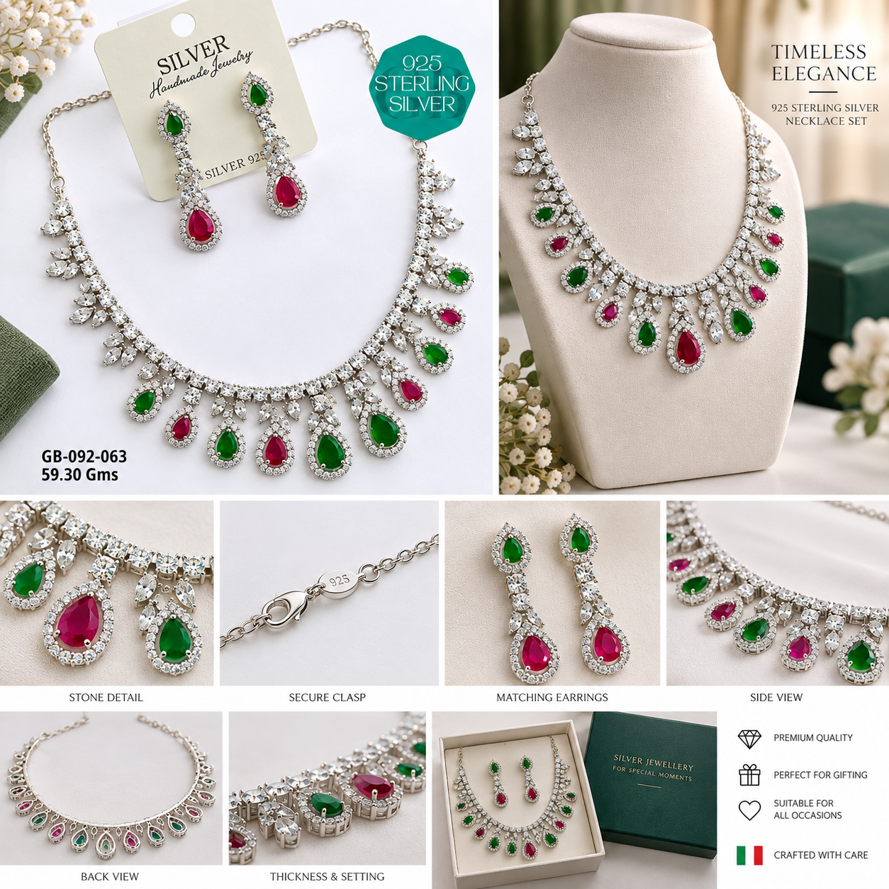 925 Sterling Silver Green & Red Stone Necklace Set with Earrings – GB-092-063 - Image 2