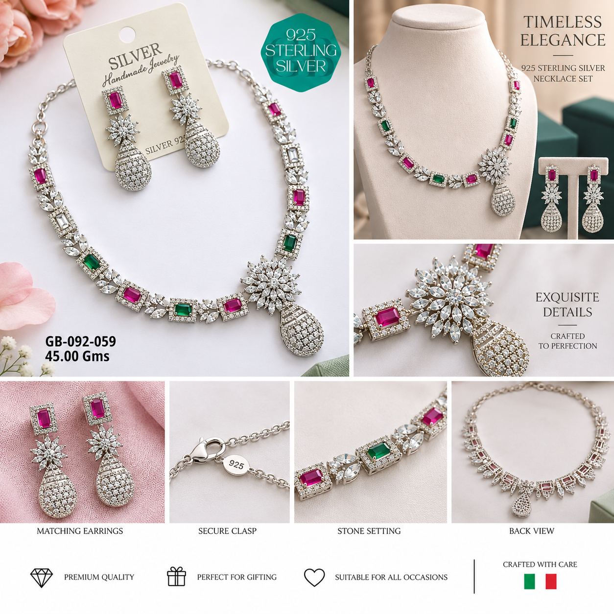 925 Sterling Silver Pink & Green Stone Necklace Set with Earrings - Image 2