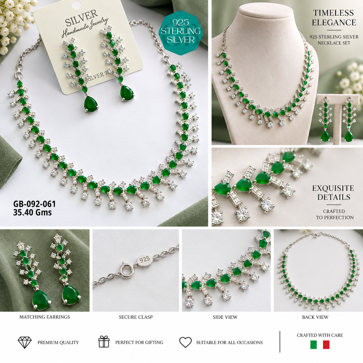 925 Sterling Silver Green Stone Necklace Set with Matching Earrings - Image 2