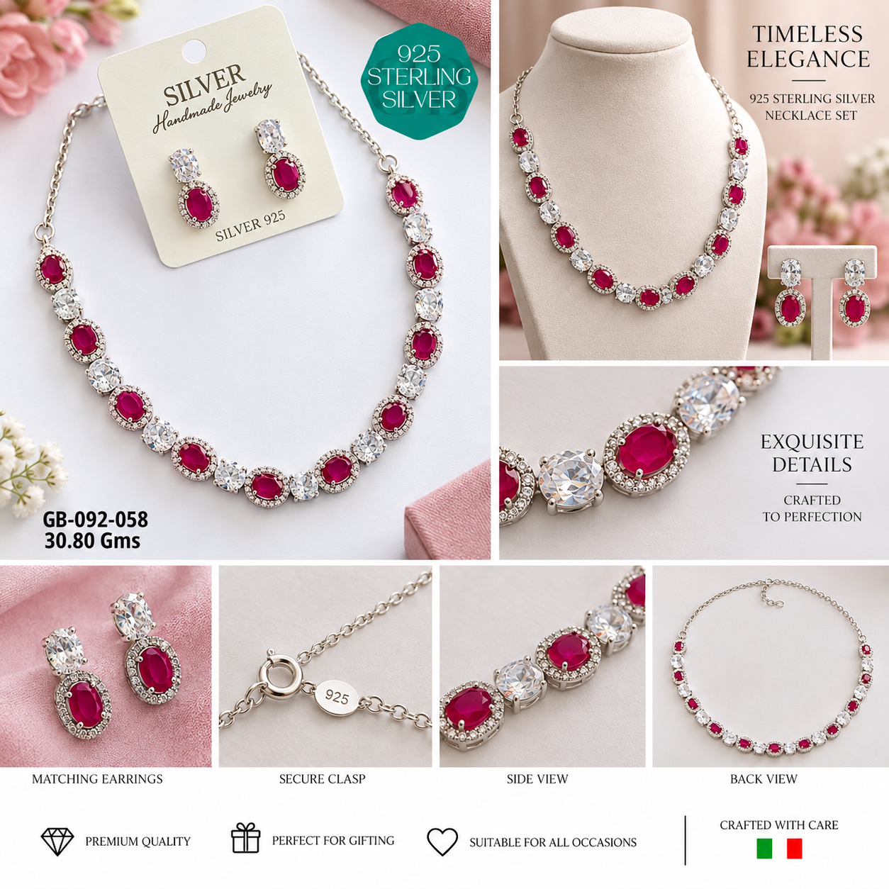 925 Sterling Silver Red & Clear Stone Necklace Set with Earrings - Image 2