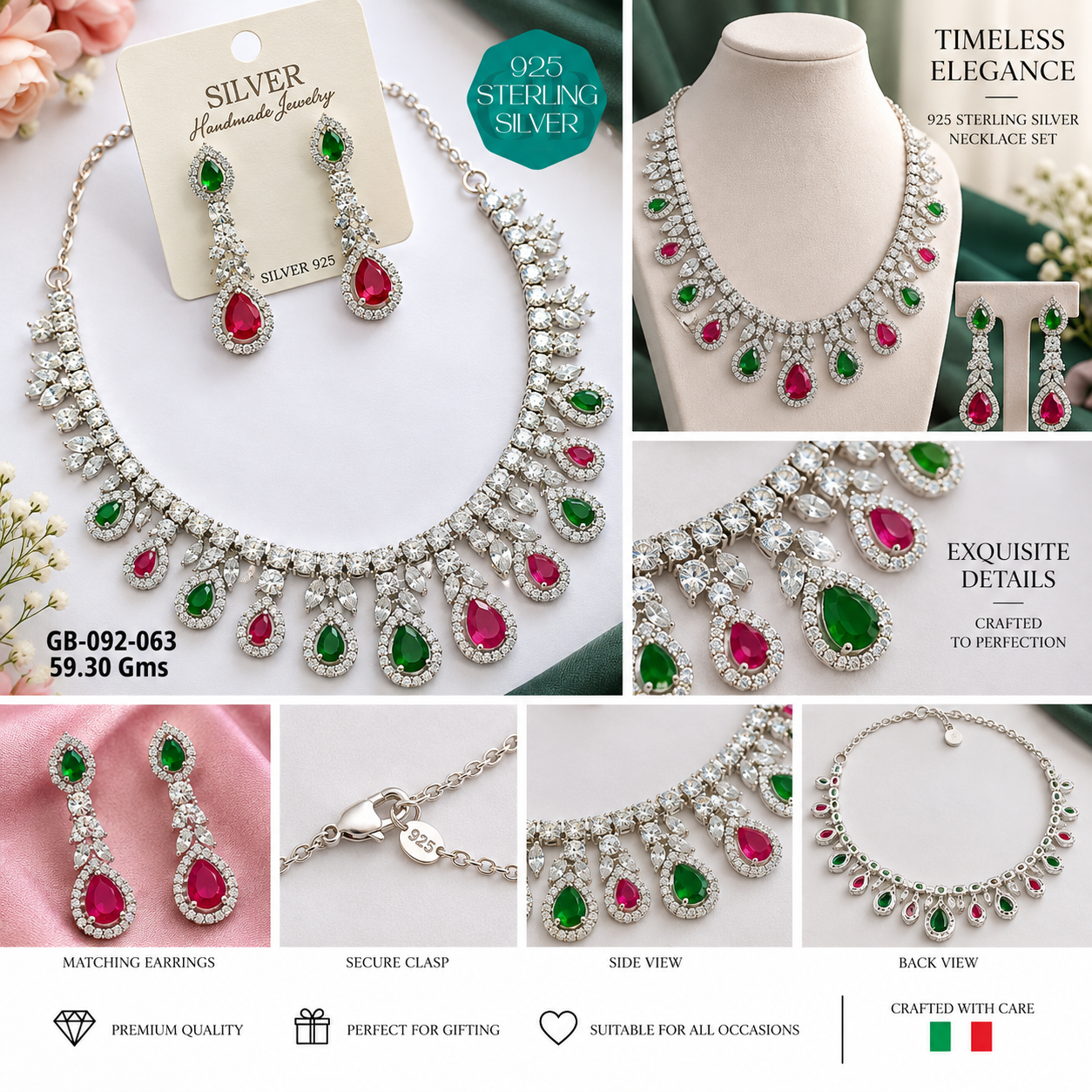 925 Sterling Silver Green & Red Teardrop Necklace Set with Earrings - Image 3