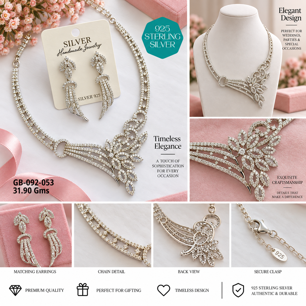 925 Sterling Silver Floral Statement Necklace & Earrings Set - Image 2