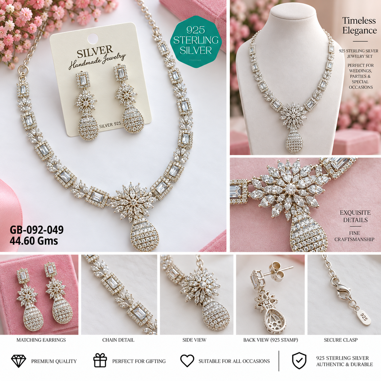 925 Sterling Silver Floral Design Necklace & Earrings Set - Image 2