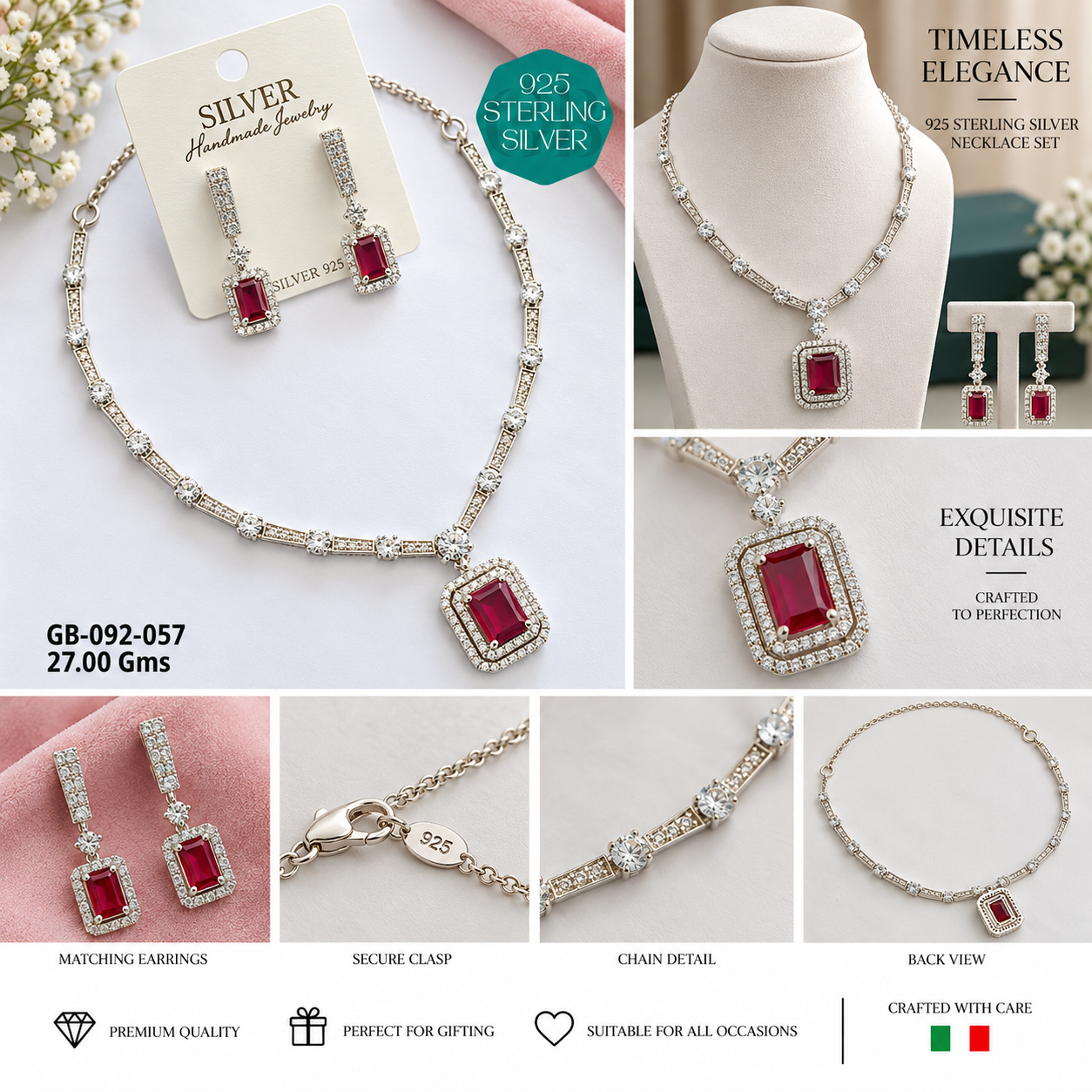 925 Sterling Silver Red Stone Necklace & Earrings Set - Image 2