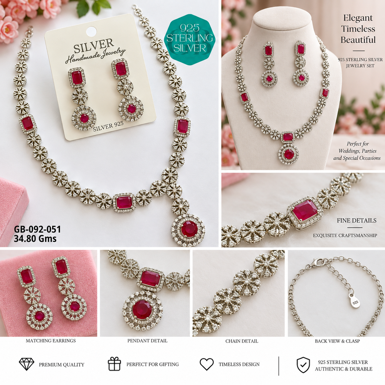 925 Sterling Silver Red Stone Necklace & Earrings Set - Image 2
