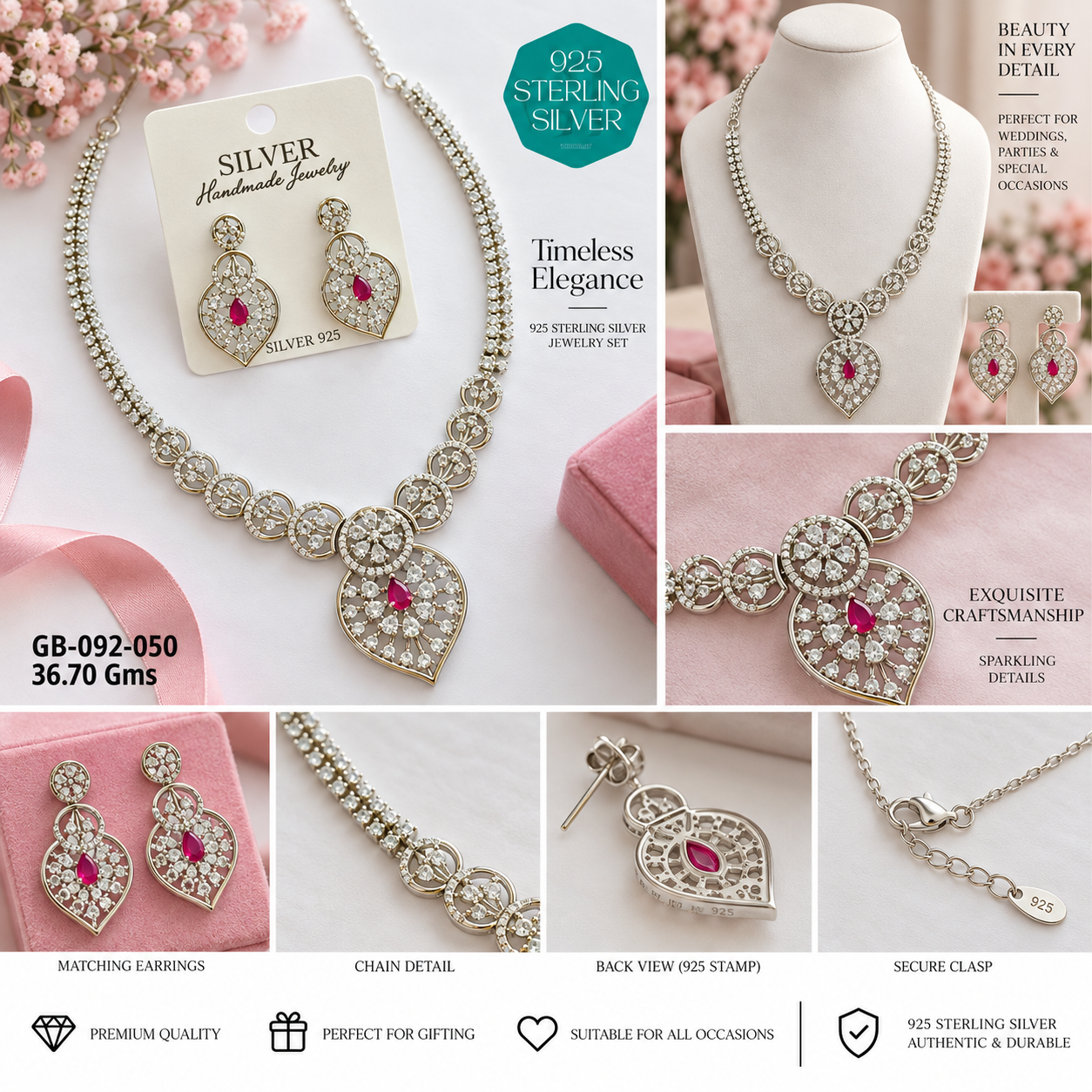 925 Sterling Silver Heart Design Necklace & Earrings Set - Image 2