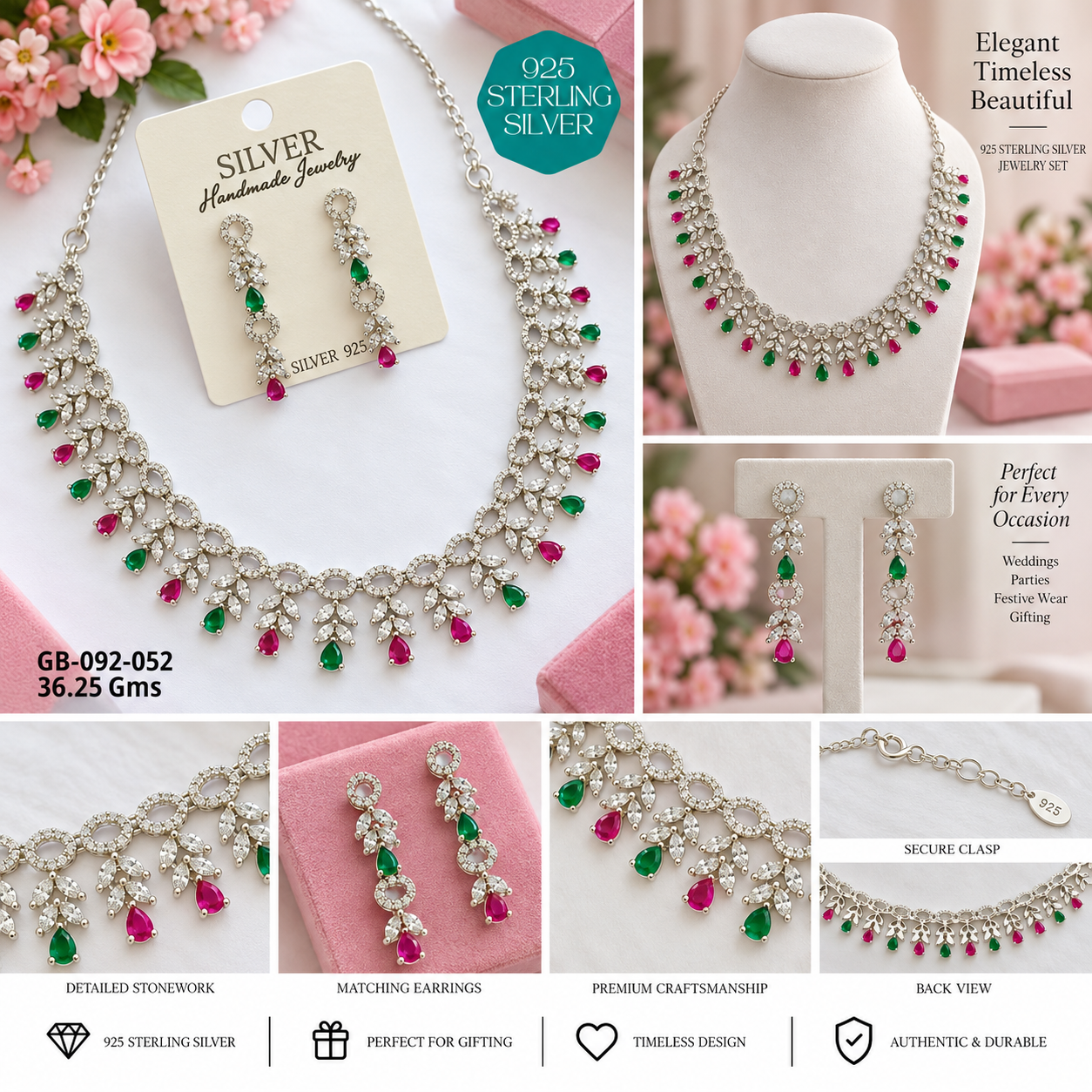 925 Sterling Silver Green & Pink Stone Necklace & Earrings Set - Image 2
