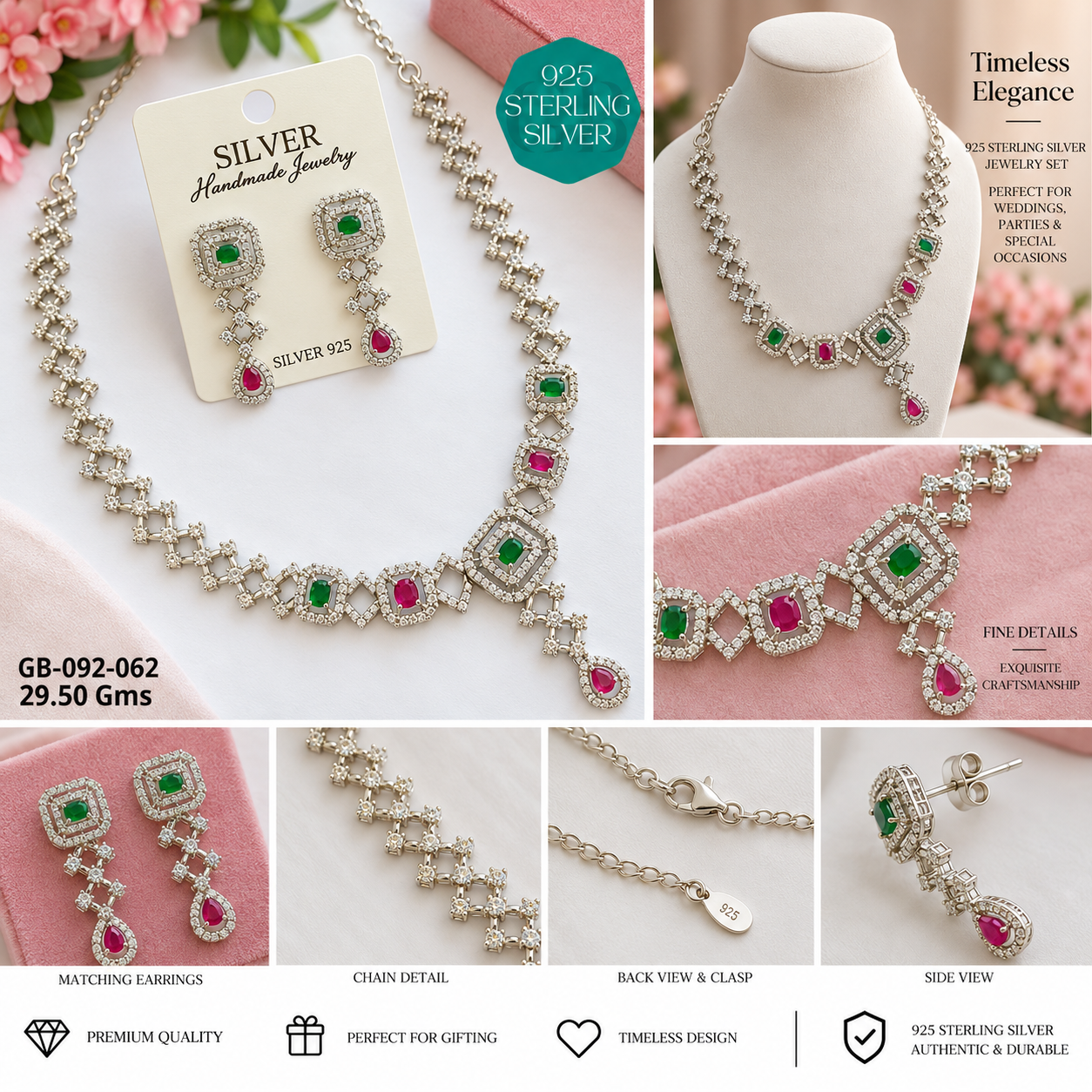 925 Sterling Silver Green & Pink Stone Necklace & Earrings Set - Image 2