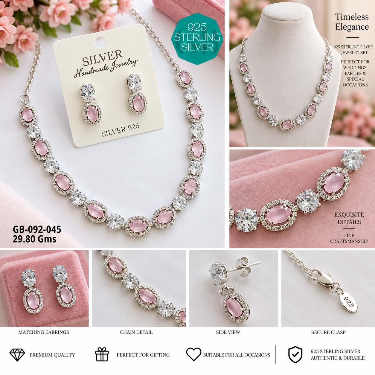 925 Sterling Silver Pink Stone Necklace & Earrings Set - Image 2