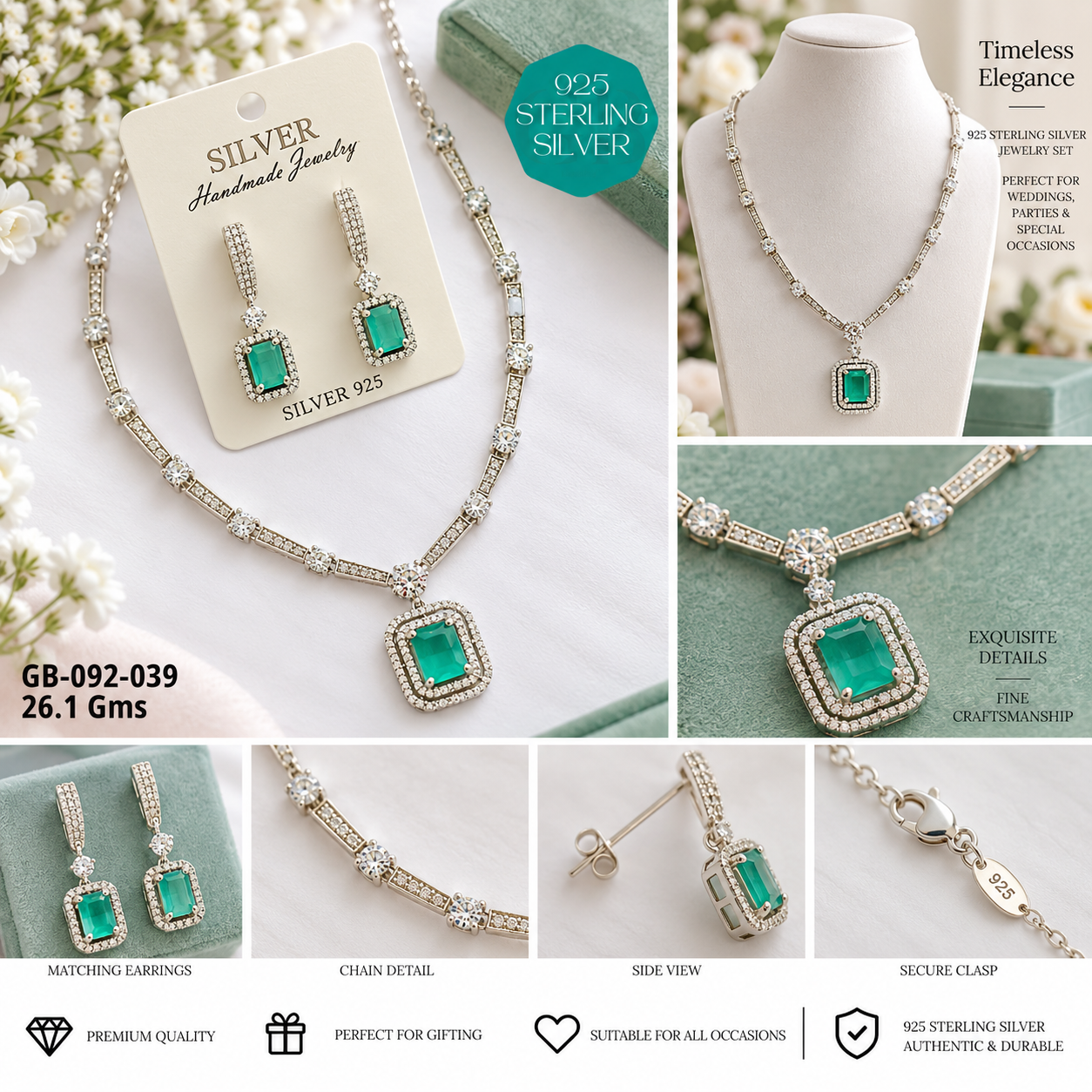 925 Sterling Silver Green Stone Necklace & Earrings Set - Image 2