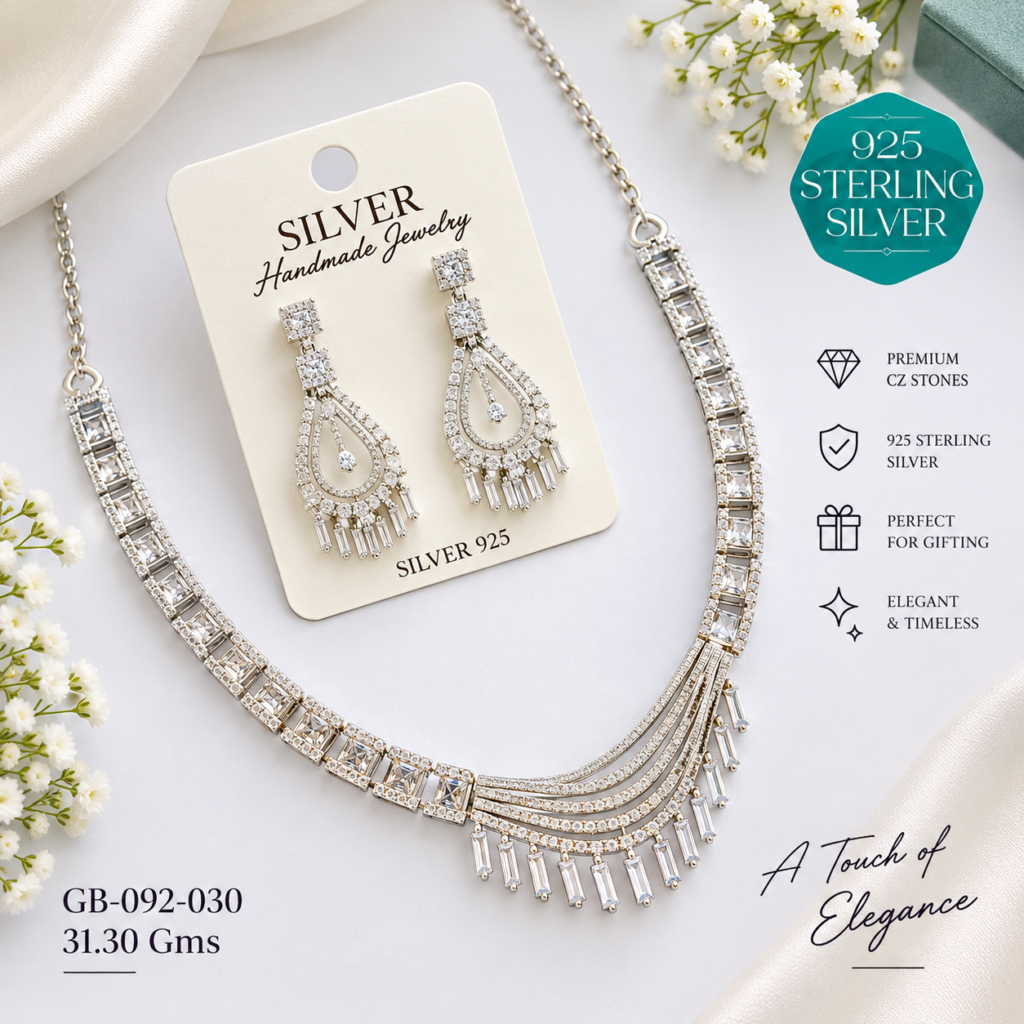 925 Sterling Silver Premium CZ Necklace & Earrings Set