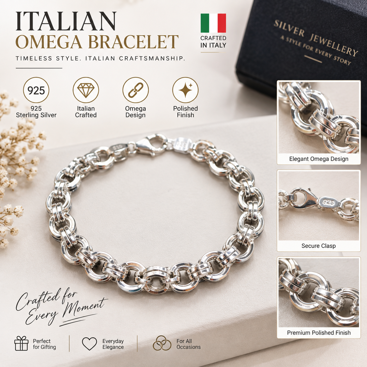 Italian 925 Sterling Silver Omega Bracelet