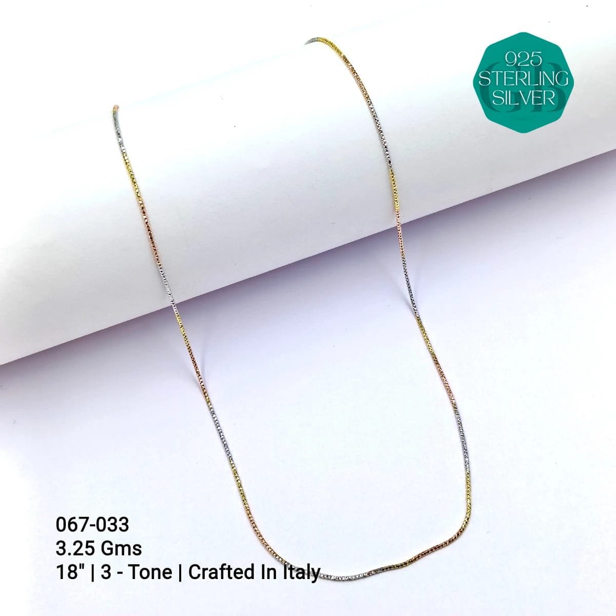 Elegant 925 Sterling Silver 3-Tone Necklace, 18 inches long and 3.25 Gms, crafted in Italy for a timeless and sophisticated look.