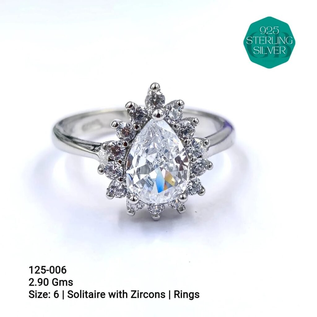 925 Sterling Silver Pear-Cut Solitaire Ring with Zircons