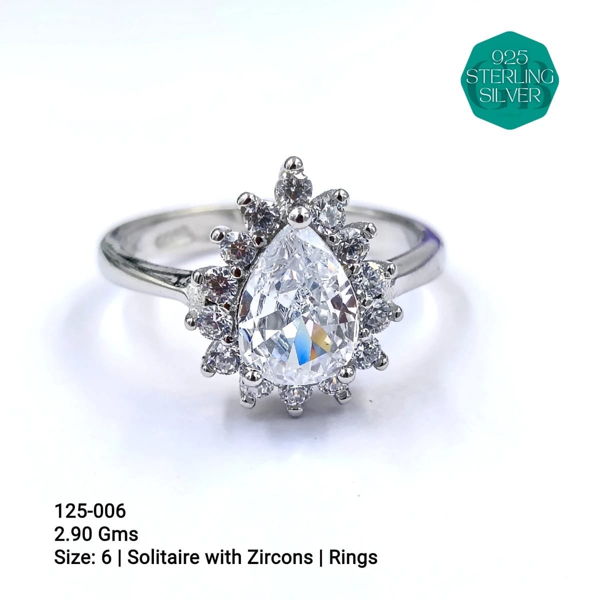 925 Sterling Silver Pear-Cut Solitaire Ring with Zircons