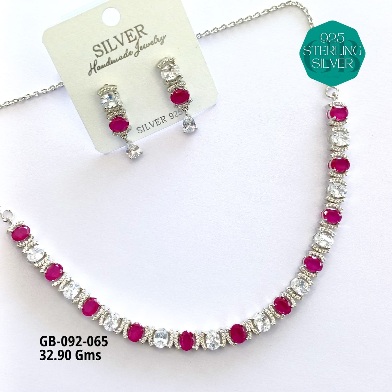925 Sterling Silver Red & White Stone Necklace Set – GB-092-065