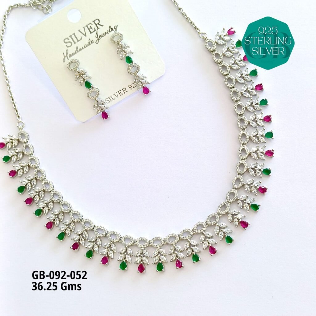925 Sterling Silver Green & Pink Stone Necklace & Earrings Set