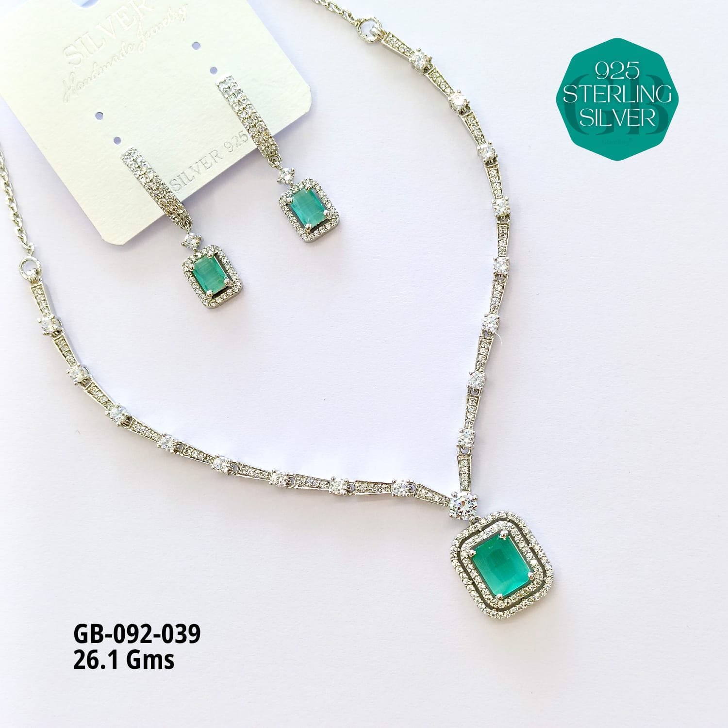 925 Sterling Silver Green Stone Necklace & Earrings Set