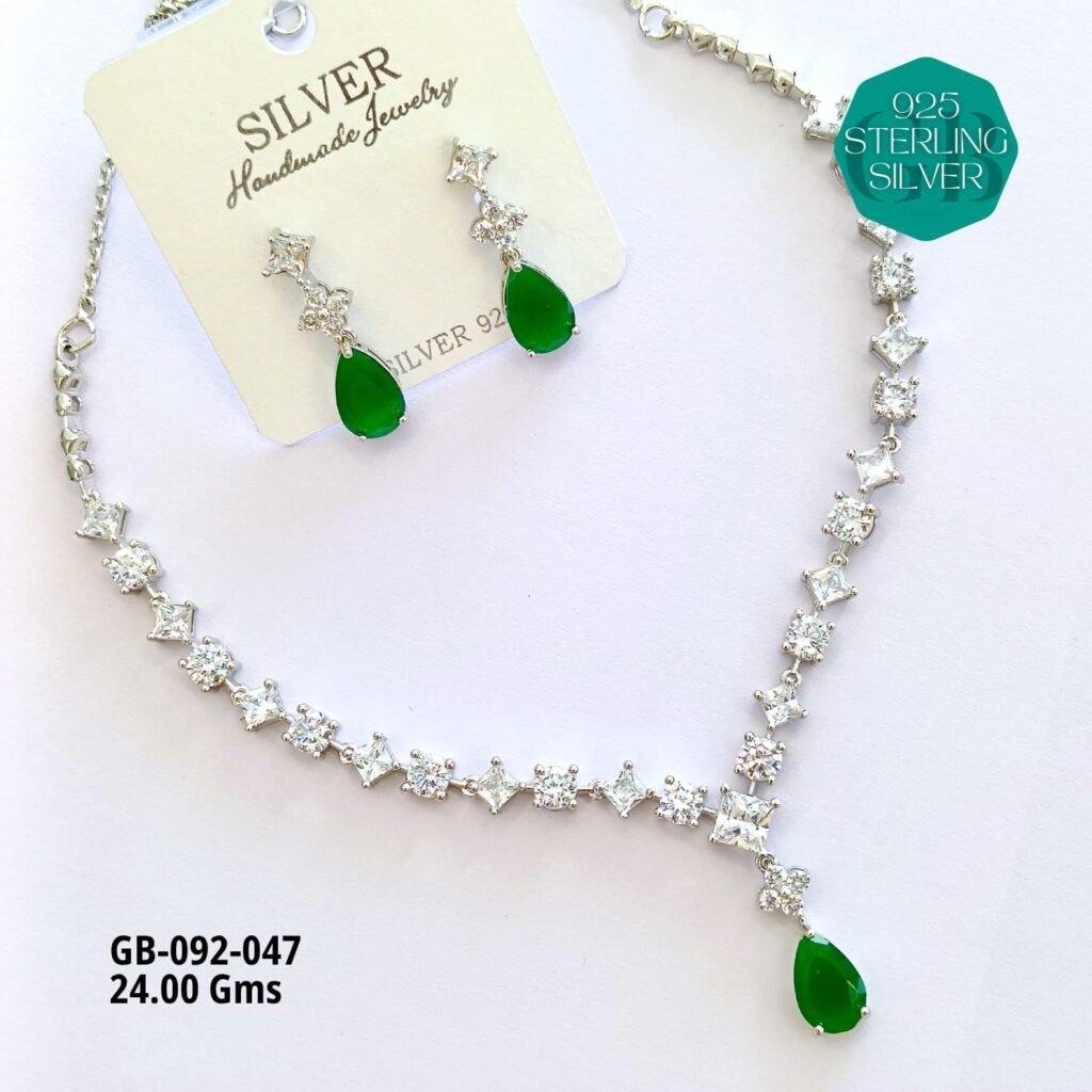 925 Sterling Silver Green Stone Necklace & Earrings Set