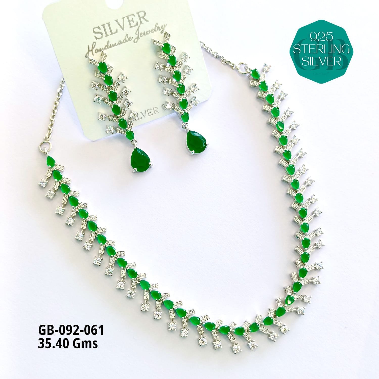 925 Sterling Silver Green Stone Necklace Set with Matching Earrings