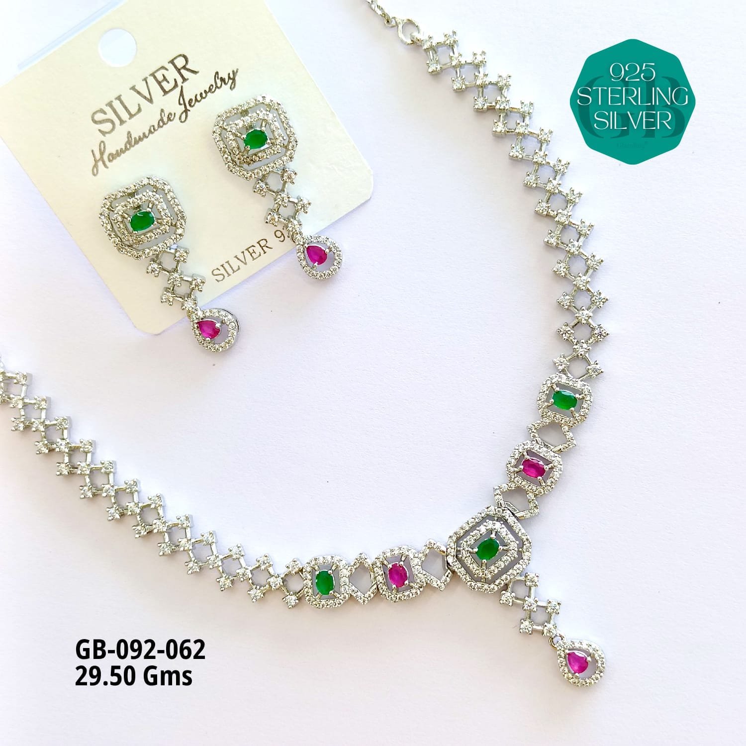 925 Sterling Silver Green & Pink Stone Necklace & Earrings Set