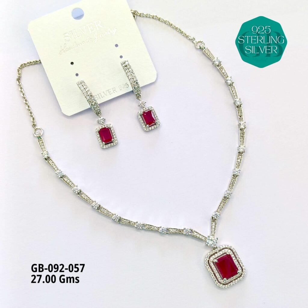 925 Sterling Silver Red Stone Necklace & Earrings Set