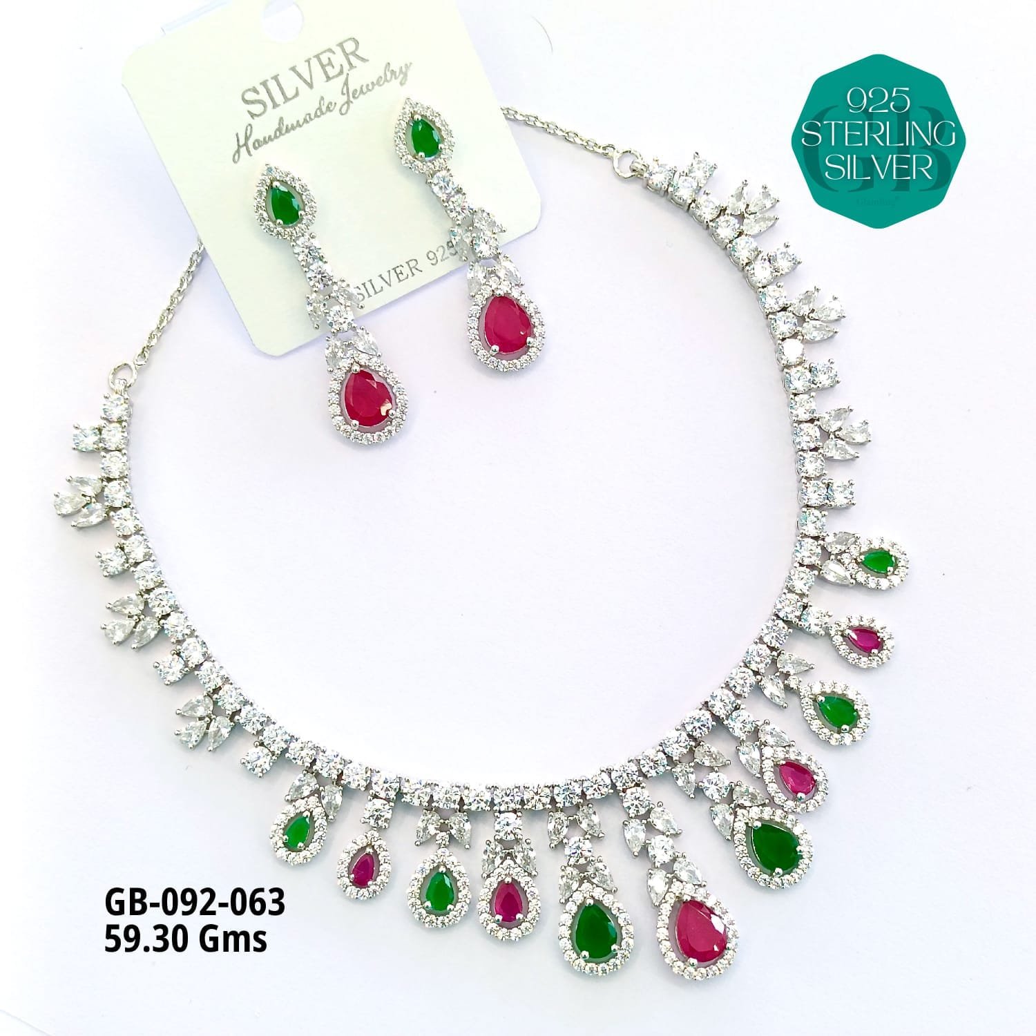 925 Sterling Silver Green & Red Stone Necklace Set with Earrings – GB-092-063