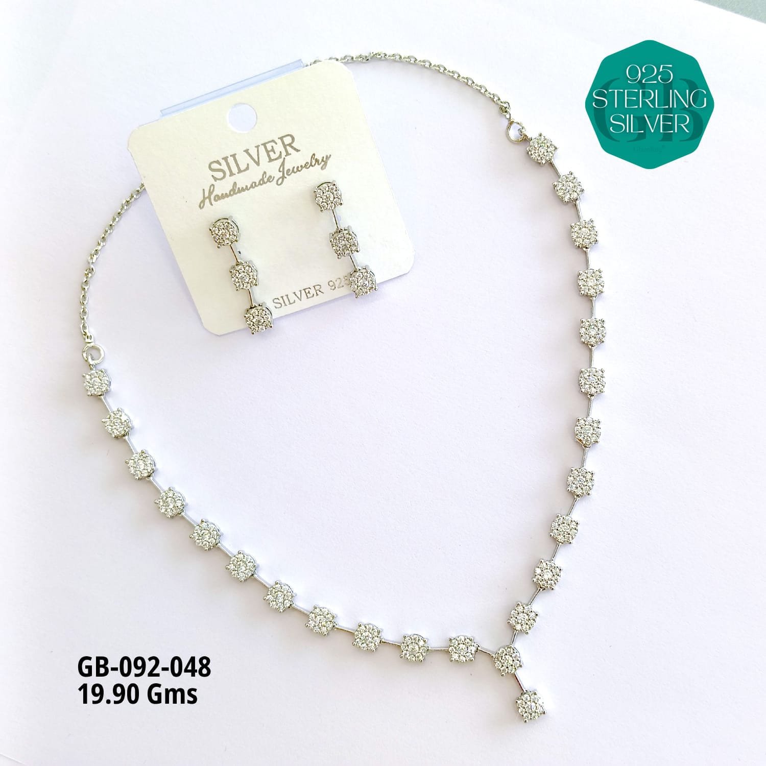 925 Sterling Silver Cluster Stone Necklace & Earrings Set