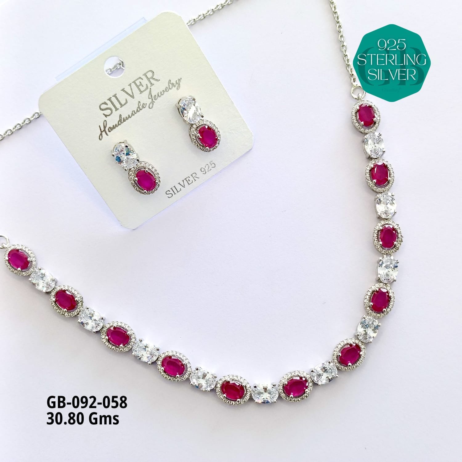 925 Sterling Silver Red & Clear Stone Necklace Set with Earrings
