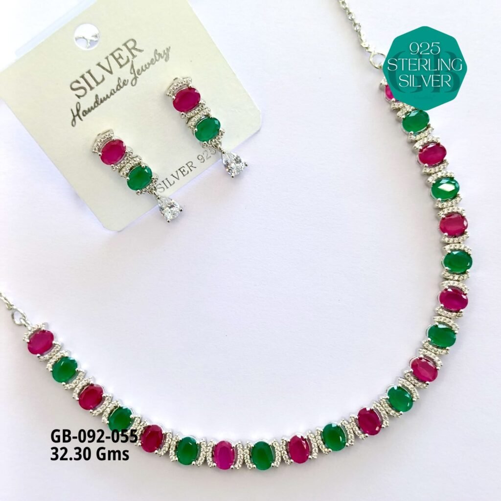 925 Sterling Silver Ruby & Green Stone Necklace Set