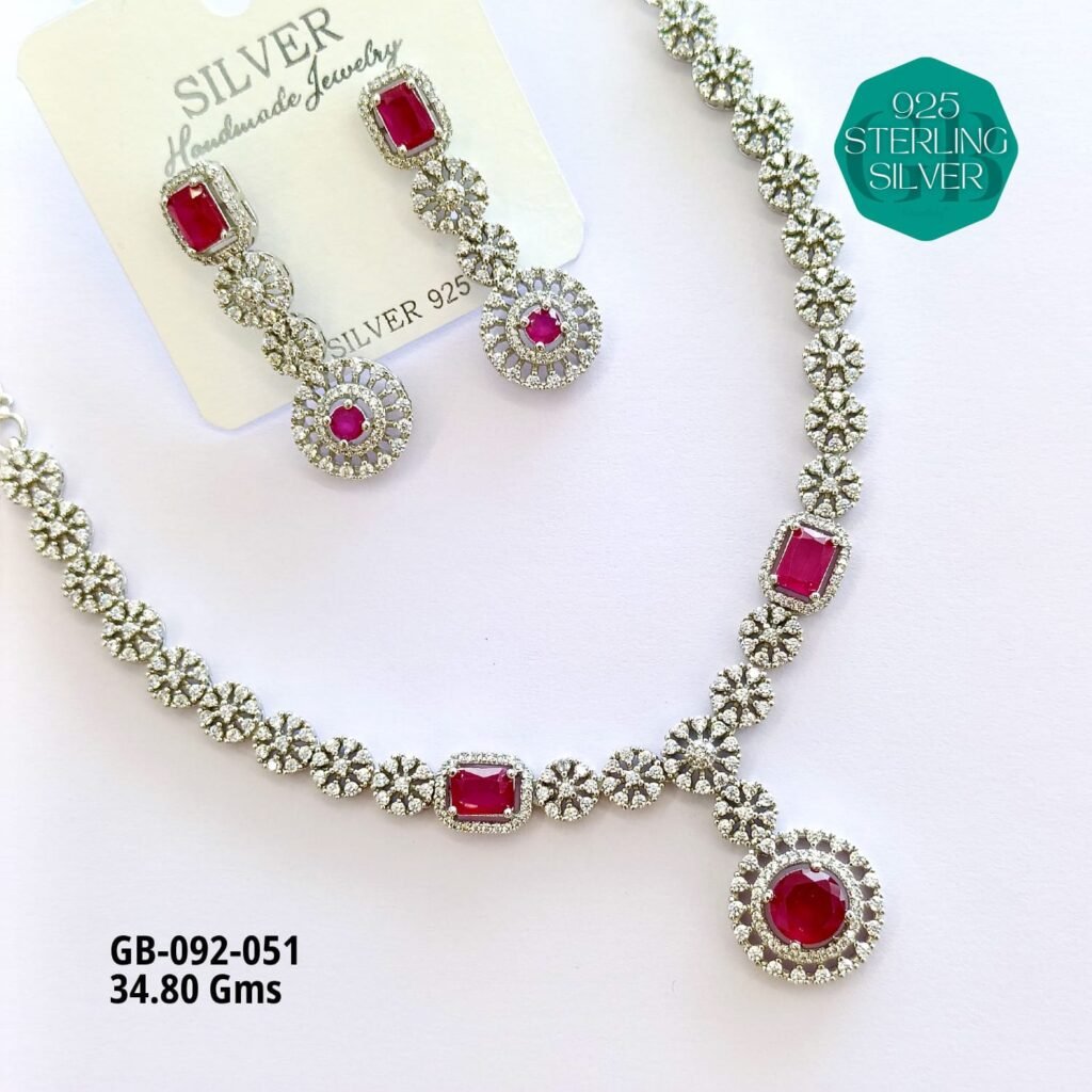 925 Sterling Silver Red Stone Necklace & Earrings Set