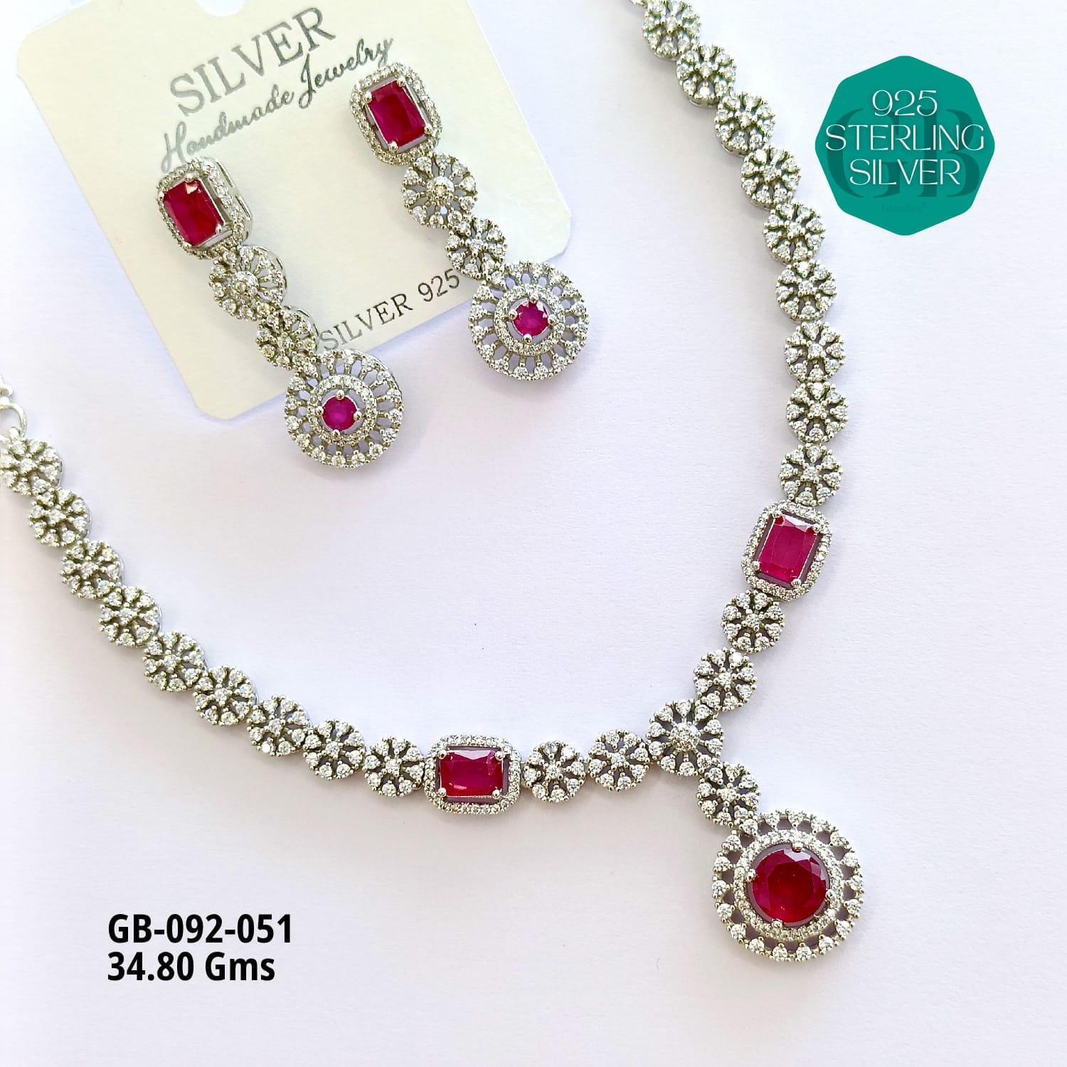 925 Sterling Silver Red Stone Necklace & Earrings Set