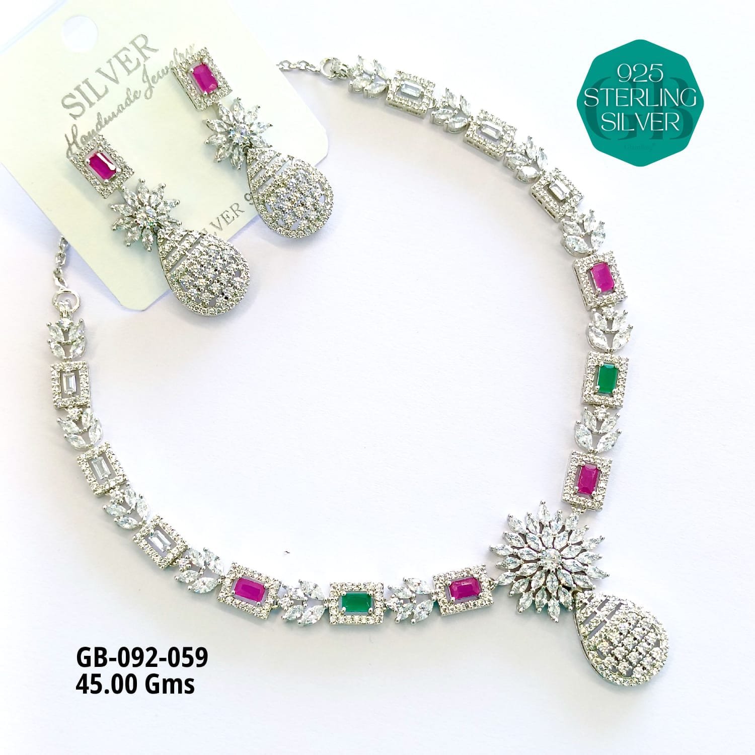 925 Sterling Silver Pink & Green Stone Necklace Set with Earrings