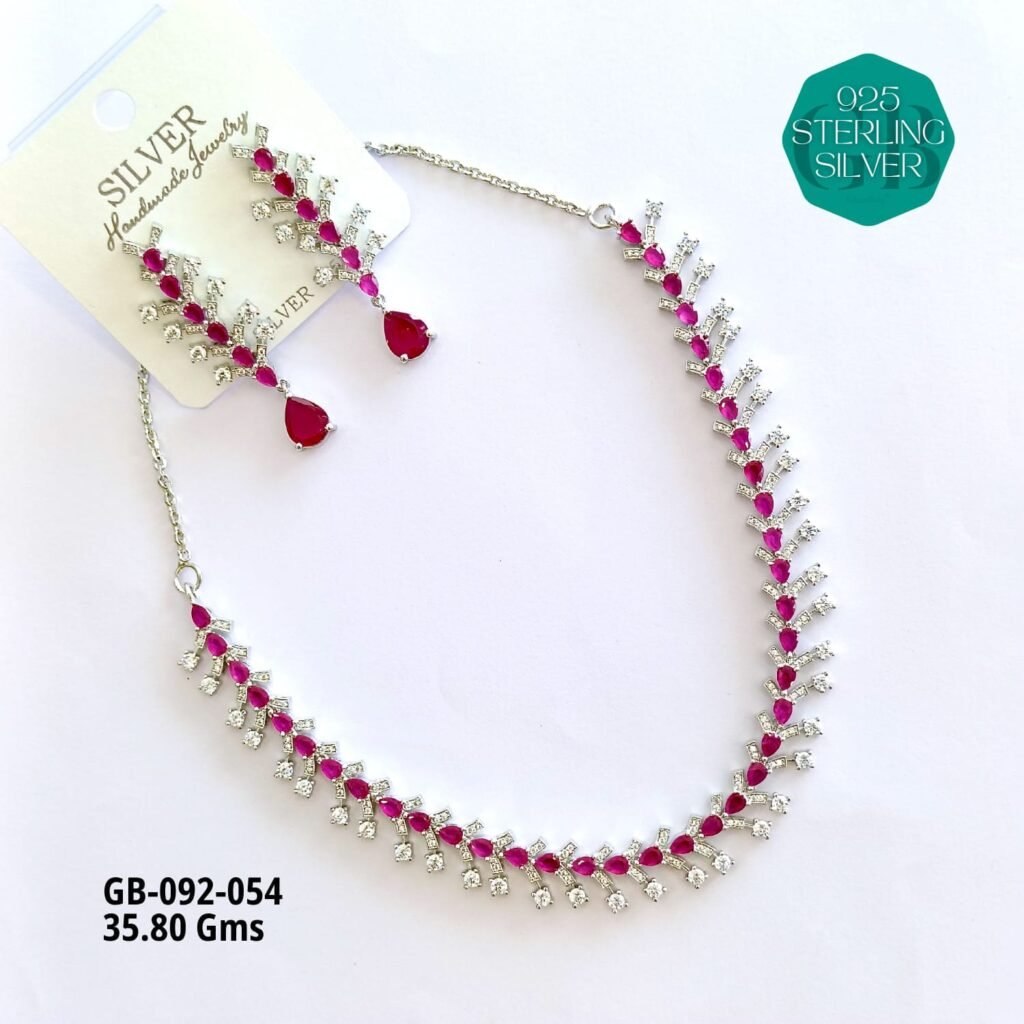 925 Sterling Silver Pink Ruby-Style Necklace & Earrings Set