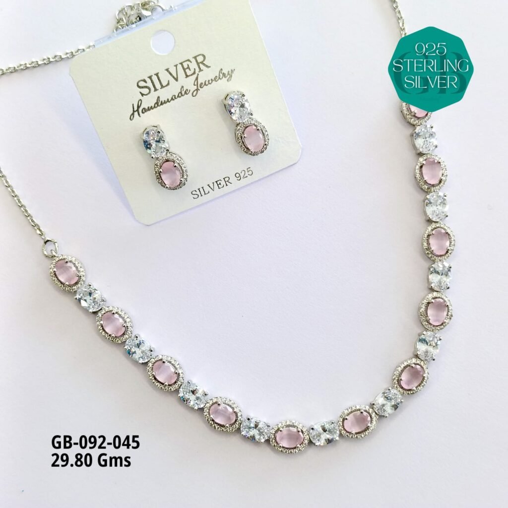 925 Sterling Silver Pink Stone Necklace & Earrings Set