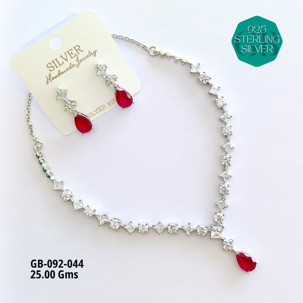 925 Sterling Silver Red CZ Necklace & Earrings